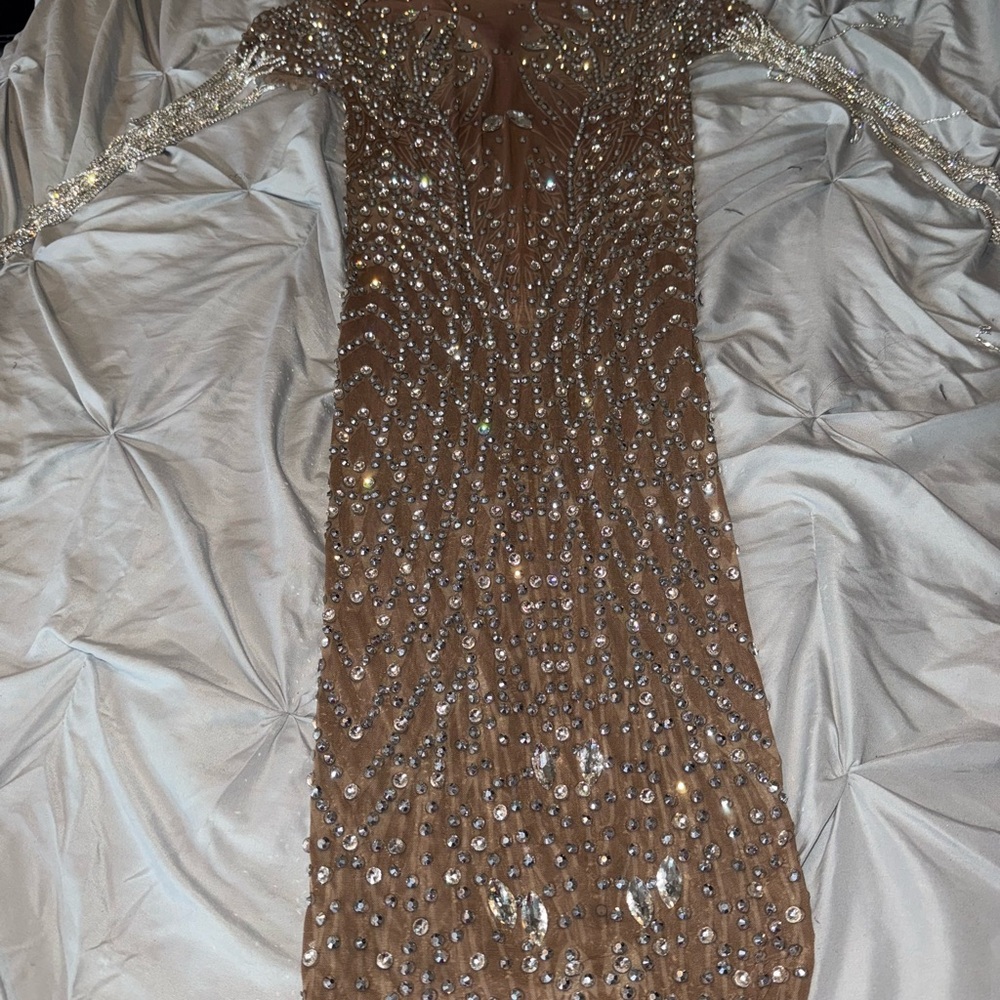Gold and White Sequin Embellished Plunge Gown